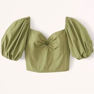 Abercrombie &Fitch poplin o-ring puff sleeve top, olive green, size XS